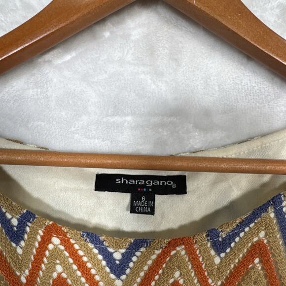 Sharagano Chevron Crochet Stitch Dress 6 Cap Sleeves Retro Boho 70's Earthy - Picture 2 of 11